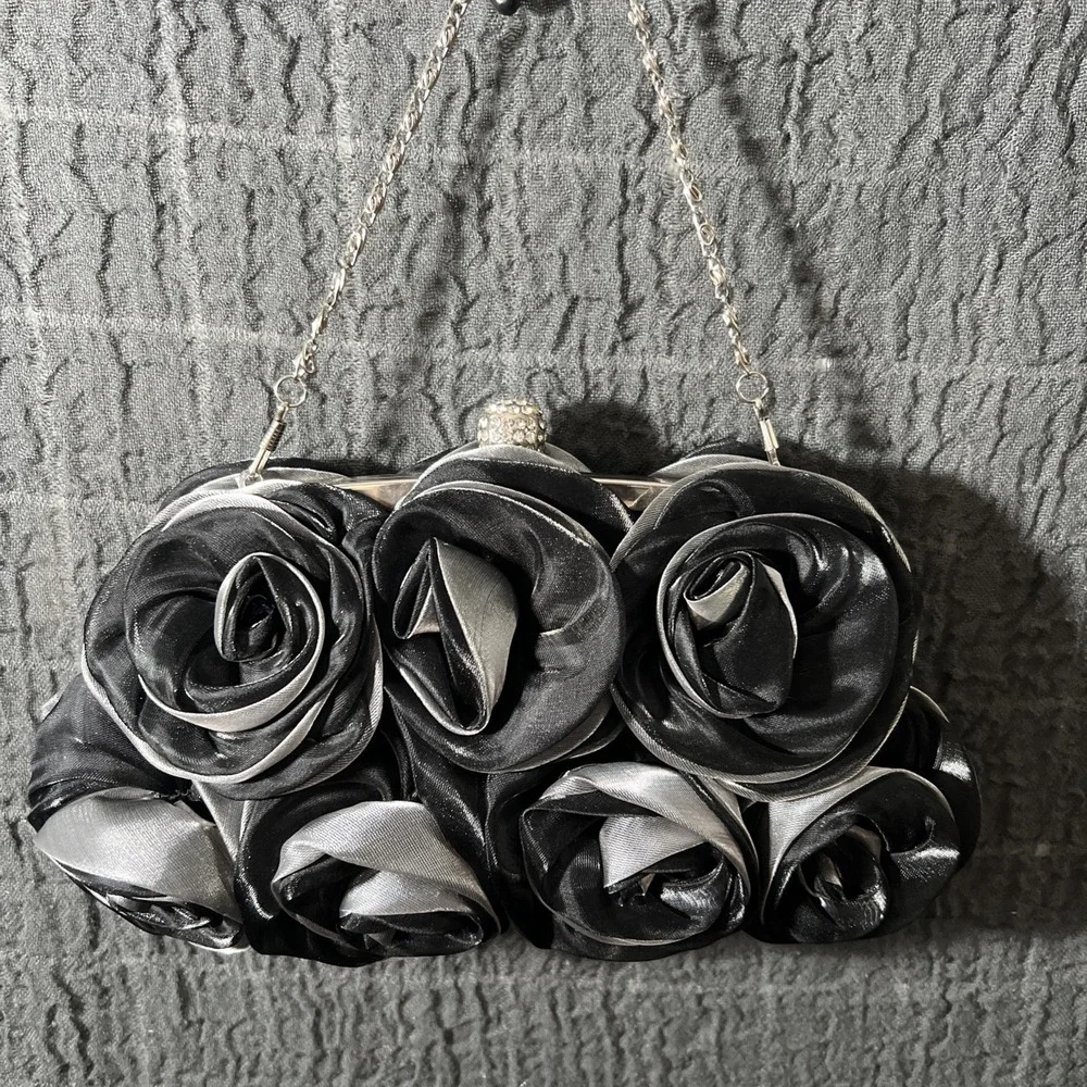 Women Satin Rose Rhinestone Black / Gray Color Handbag Silver tone chain - Picture 8 of 14